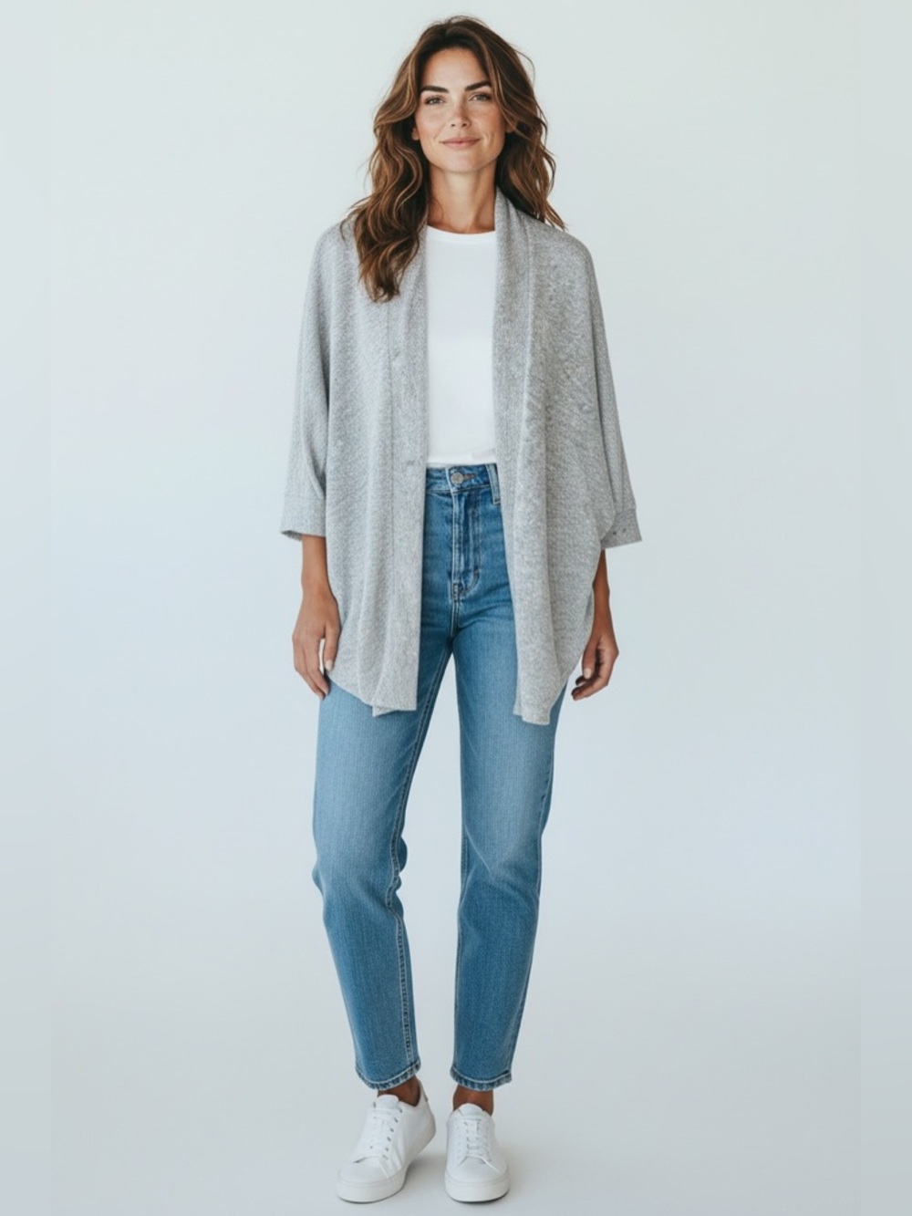 Mododoc 3/4 Sleeve Open Front Cardigan Gray Size Medium